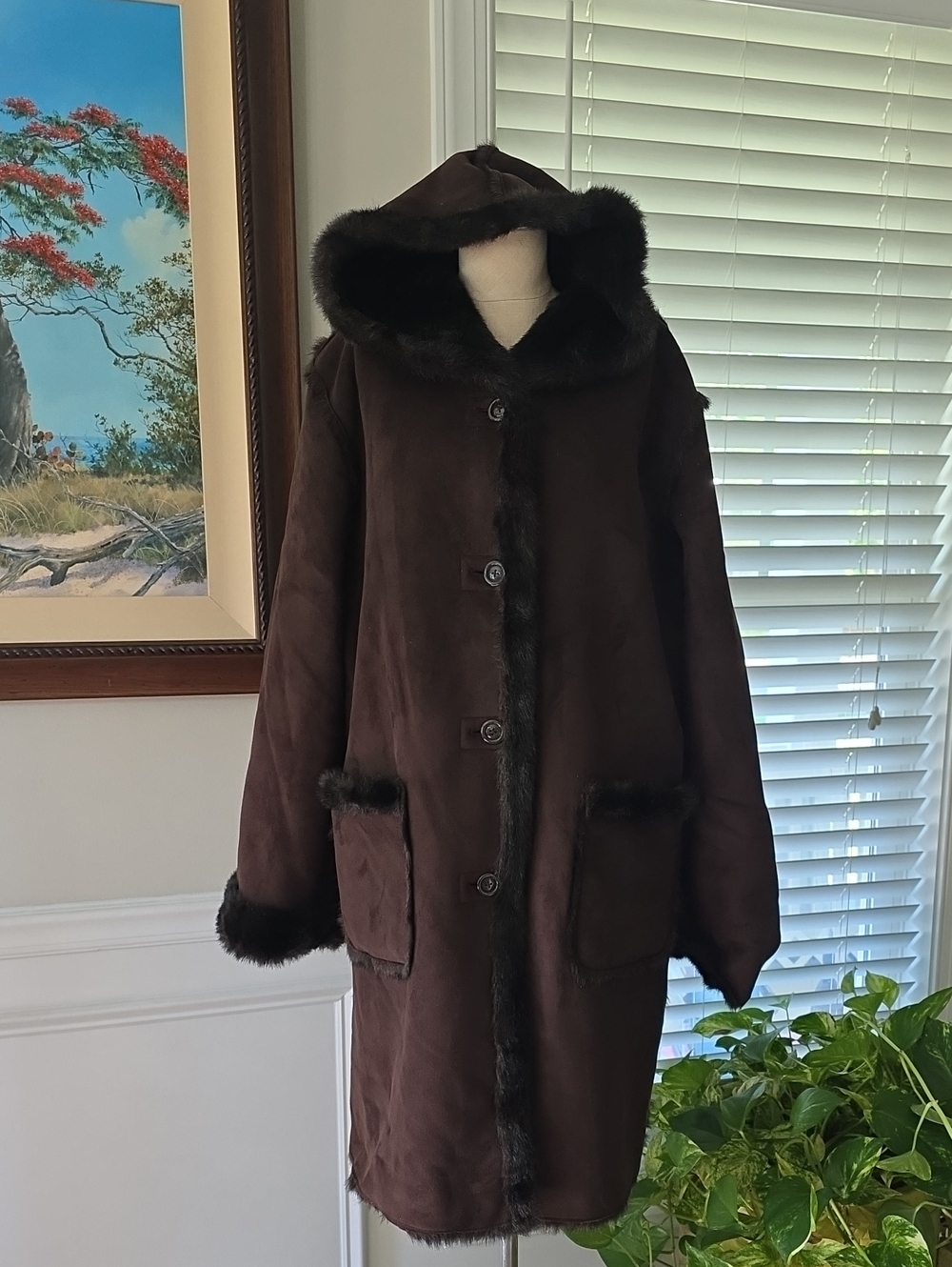 Vintage Women's Dark Brown Reversible Hooded Faux Fur Trim Trench Coat